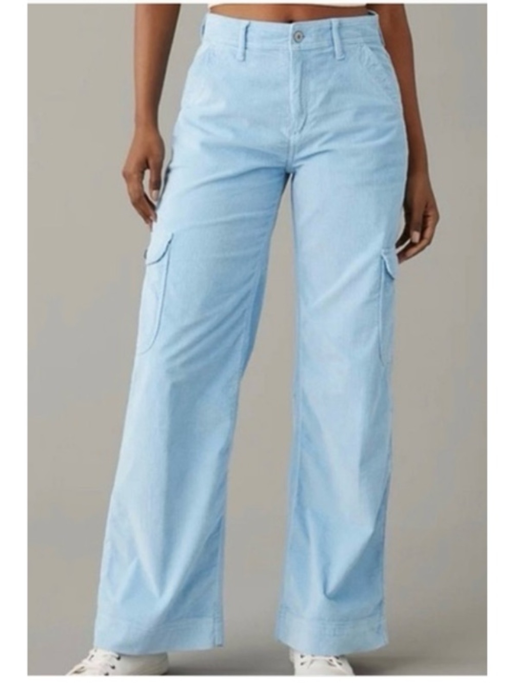 American Eagle Super High Rise Baggy Wide Leg Pant Light Blue Corduroy 0